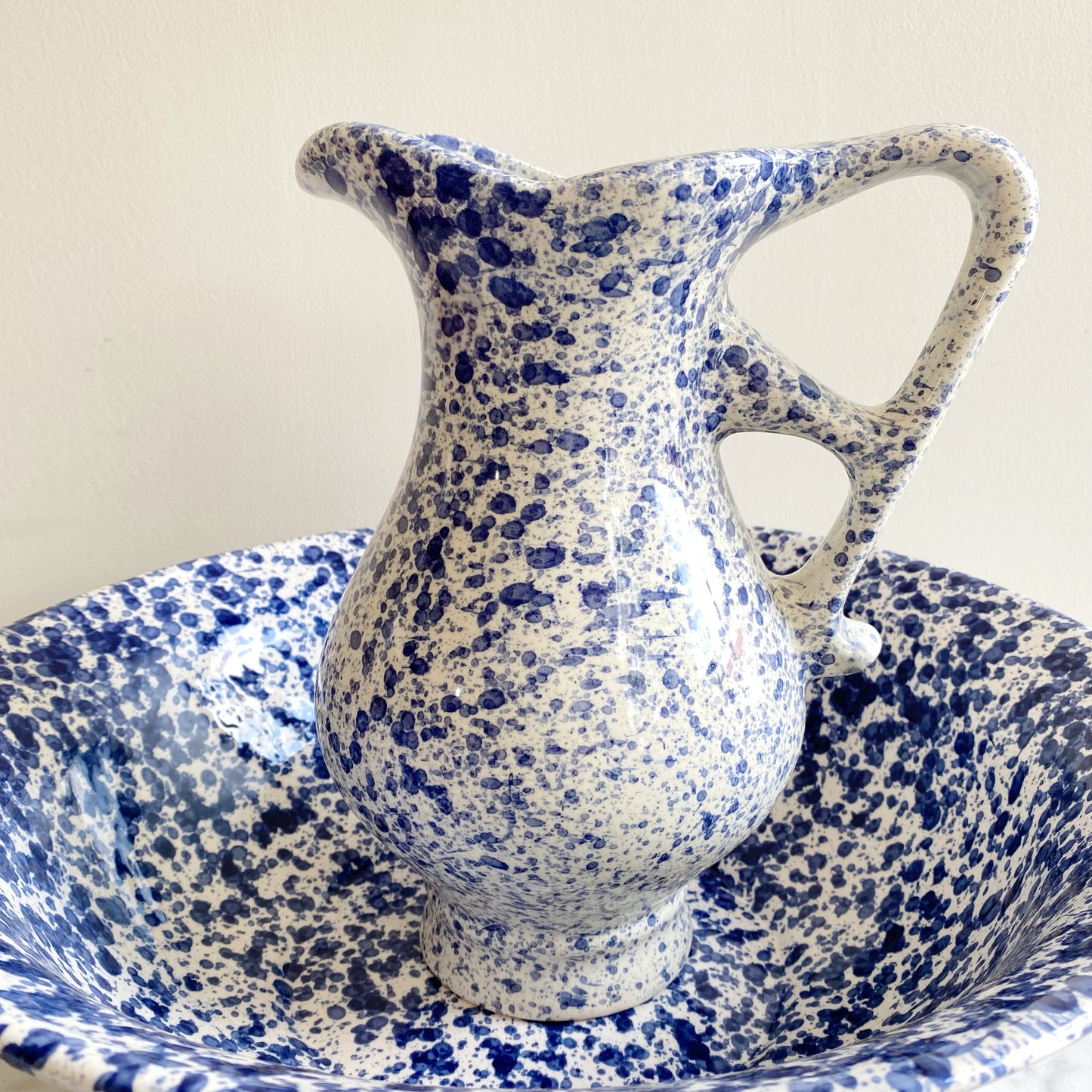 Found White Ceramic Pitcher with Blue Splatters