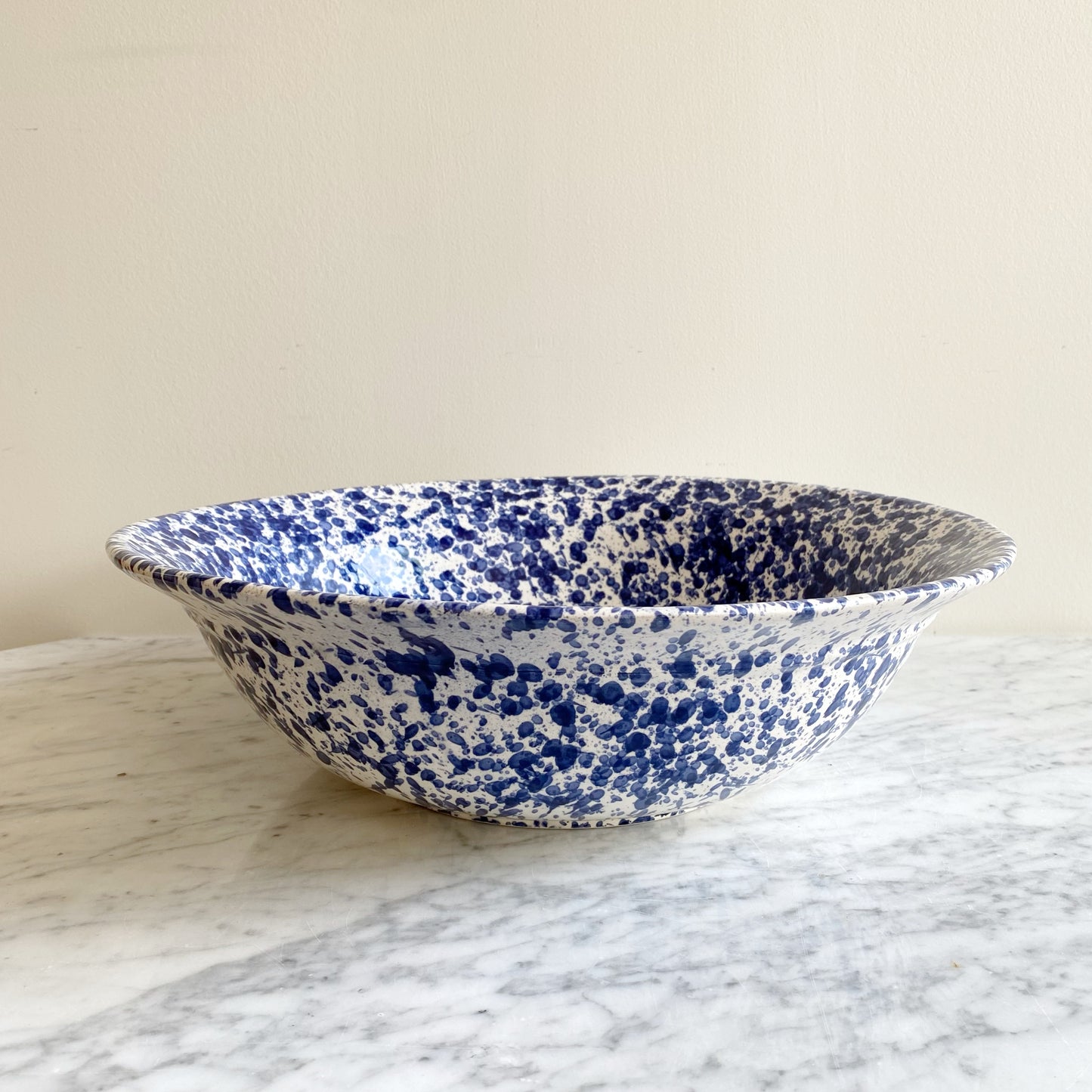 XL Found Ceramic Bowl with Blue Splatter, 15.25"