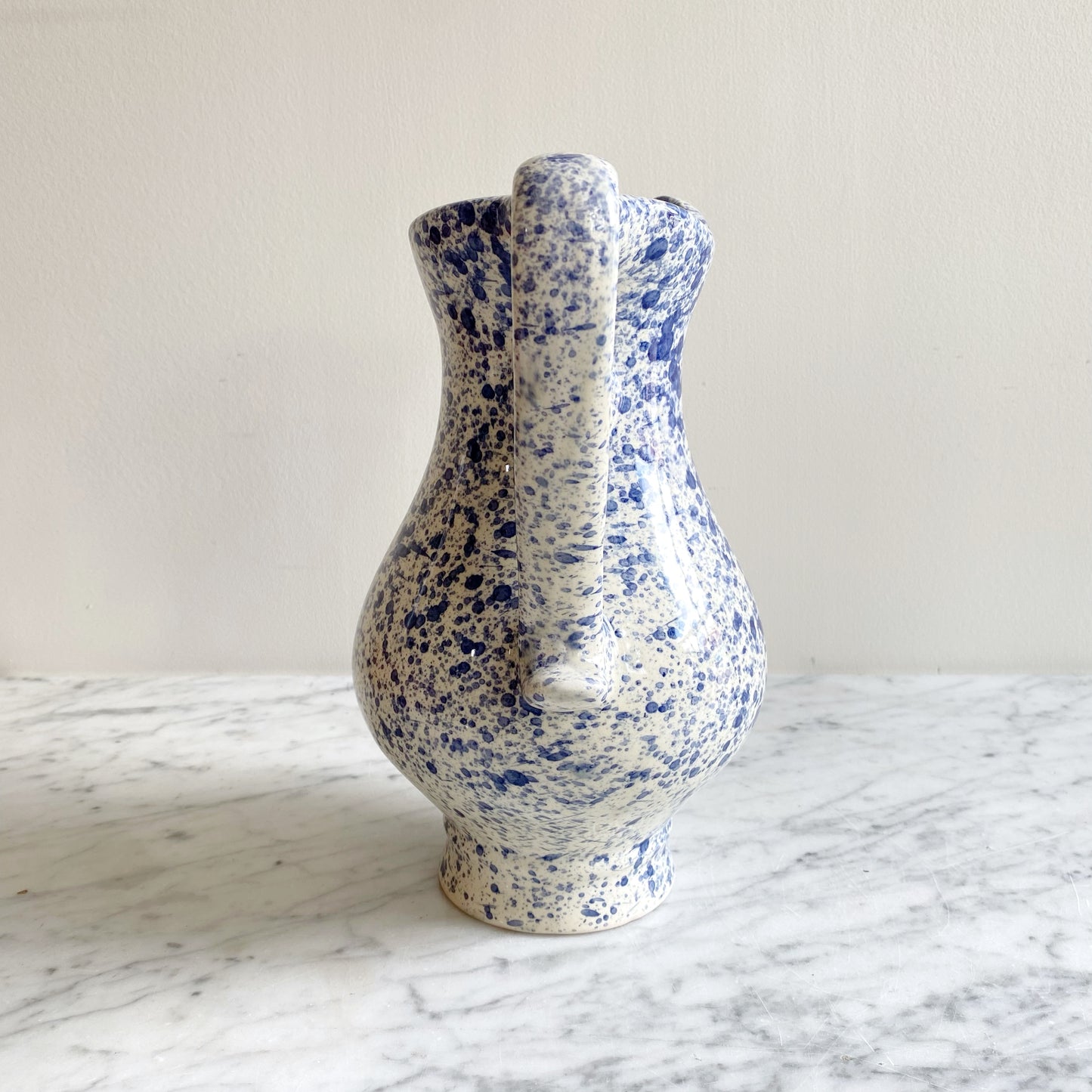 Found White Ceramic Pitcher with Blue Splatters