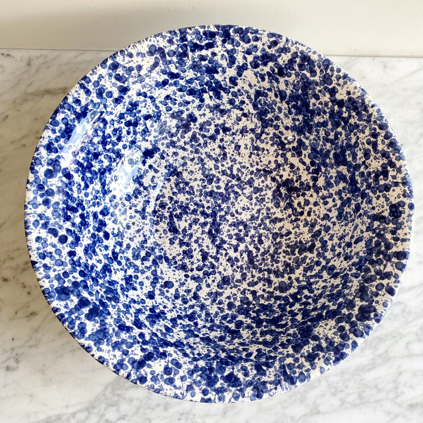 XL Found Ceramic Bowl with Blue Splatter, 15.25"