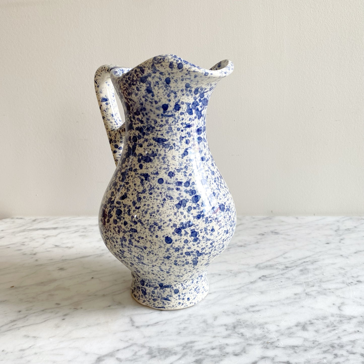 Found White Ceramic Pitcher with Blue Splatters