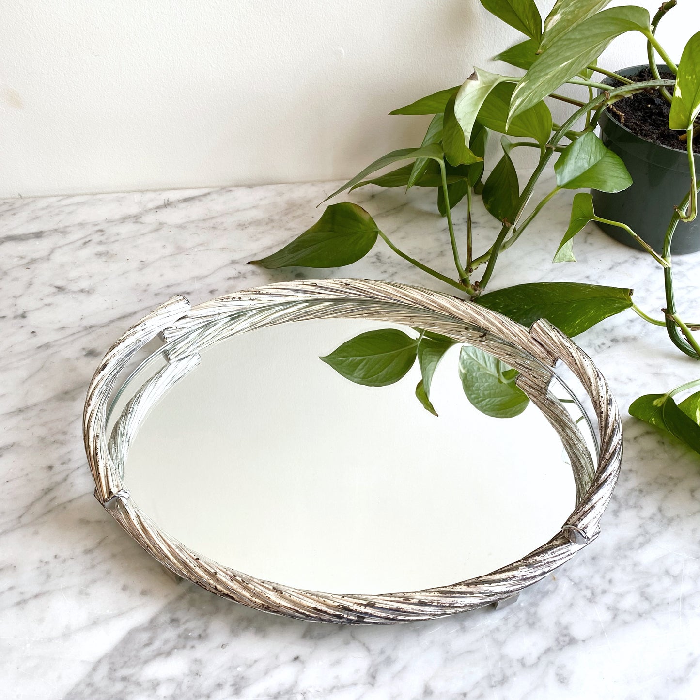 Vintage Silver Rope Mirrored Dresser Tray