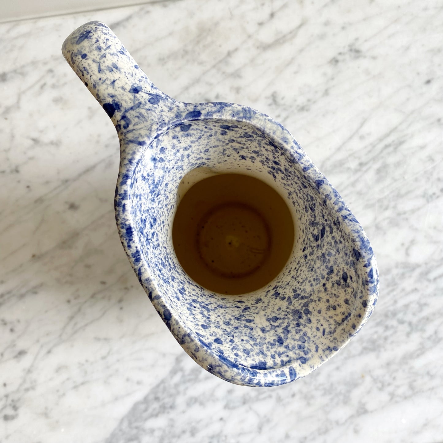 Found White Ceramic Pitcher with Blue Splatters