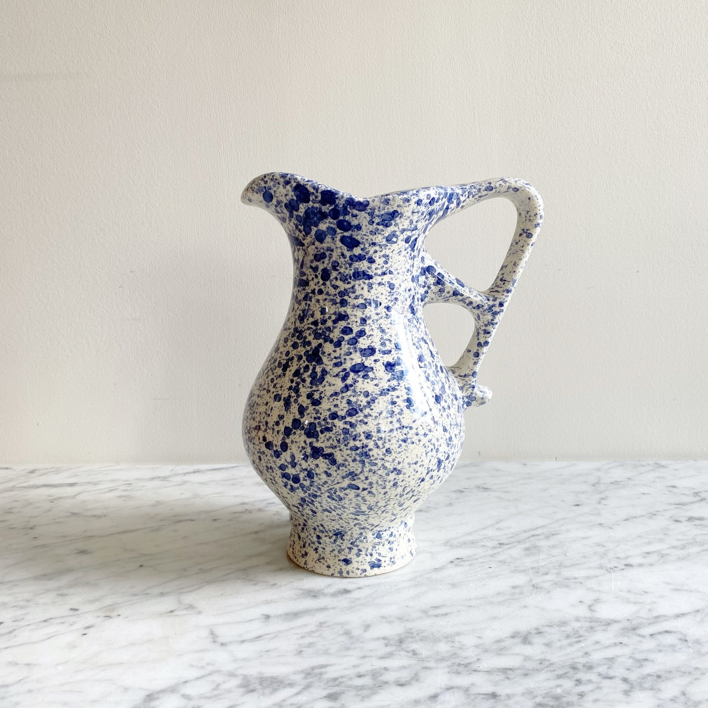 Found White Ceramic Pitcher with Blue Splatters