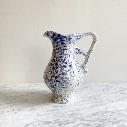 Found White Ceramic Pitcher with Blue Splatters