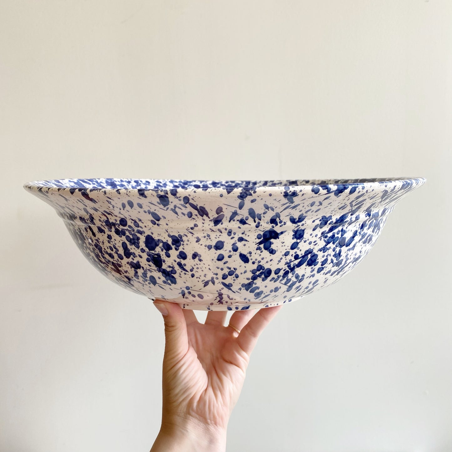 XL Found Ceramic Bowl with Blue Splatter, 15.25"