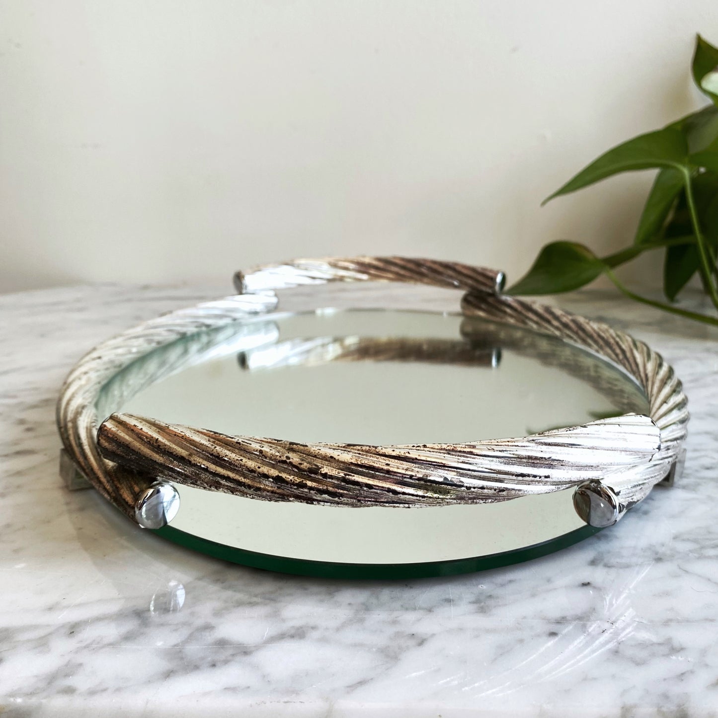 Vintage Silver Rope Mirrored Dresser Tray