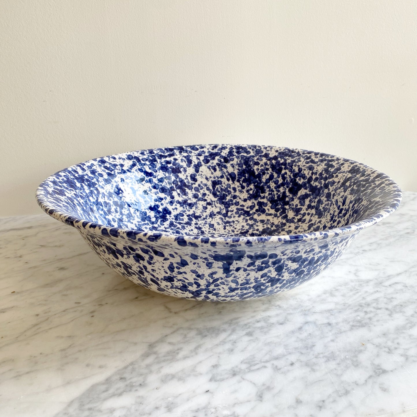 XL Found Ceramic Bowl with Blue Splatter, 15.25"