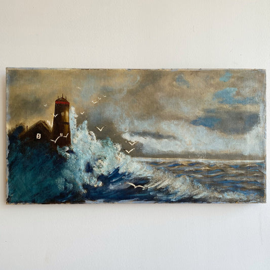 Original Vintage Lighthouse and Seashore Painting (23” x 12”)