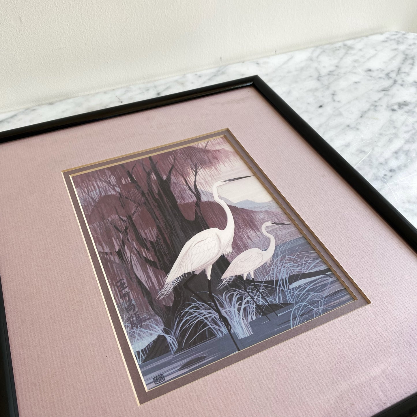 Vintage Framed Crane Print (11.75 x 13.75")