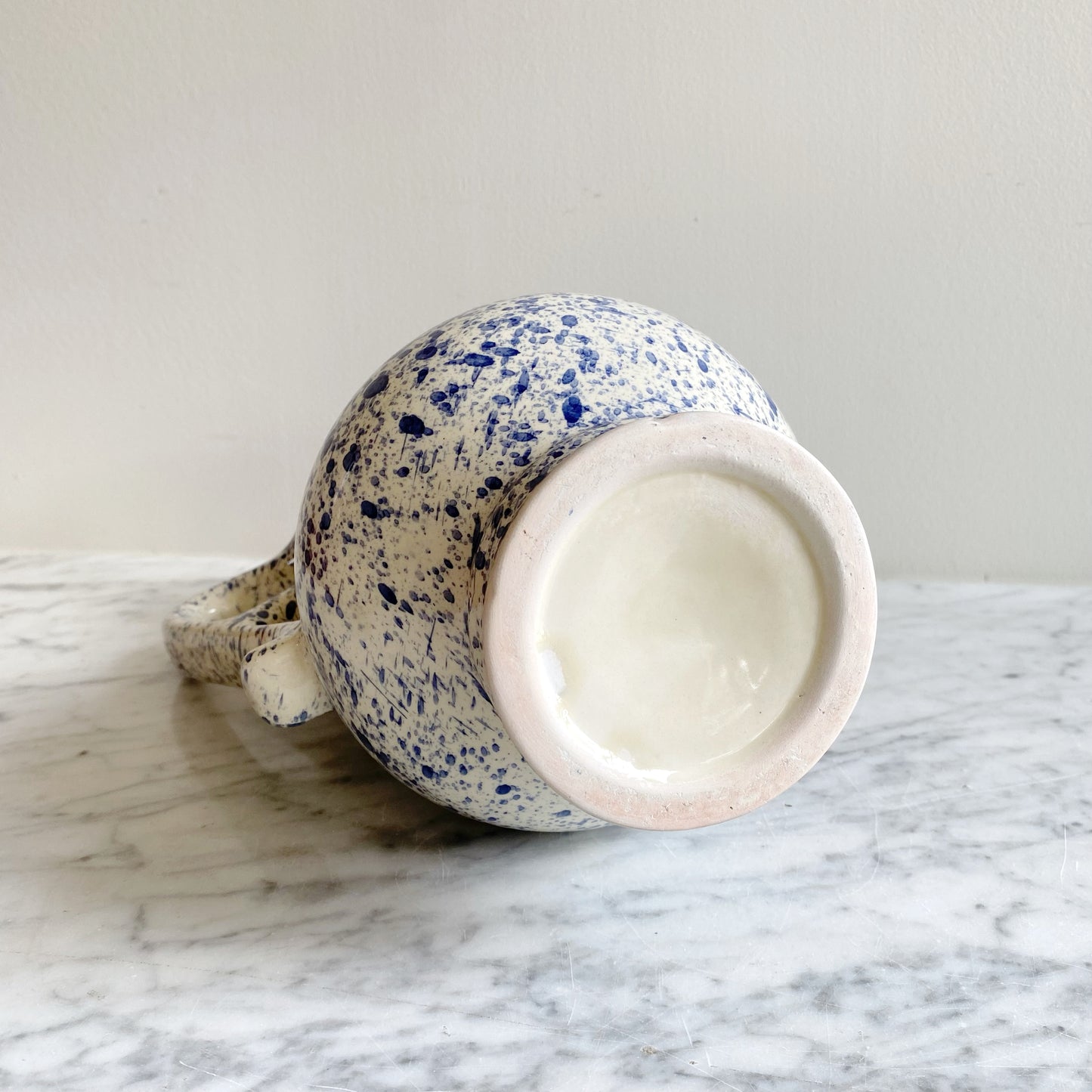 Found White Ceramic Pitcher with Blue Splatters