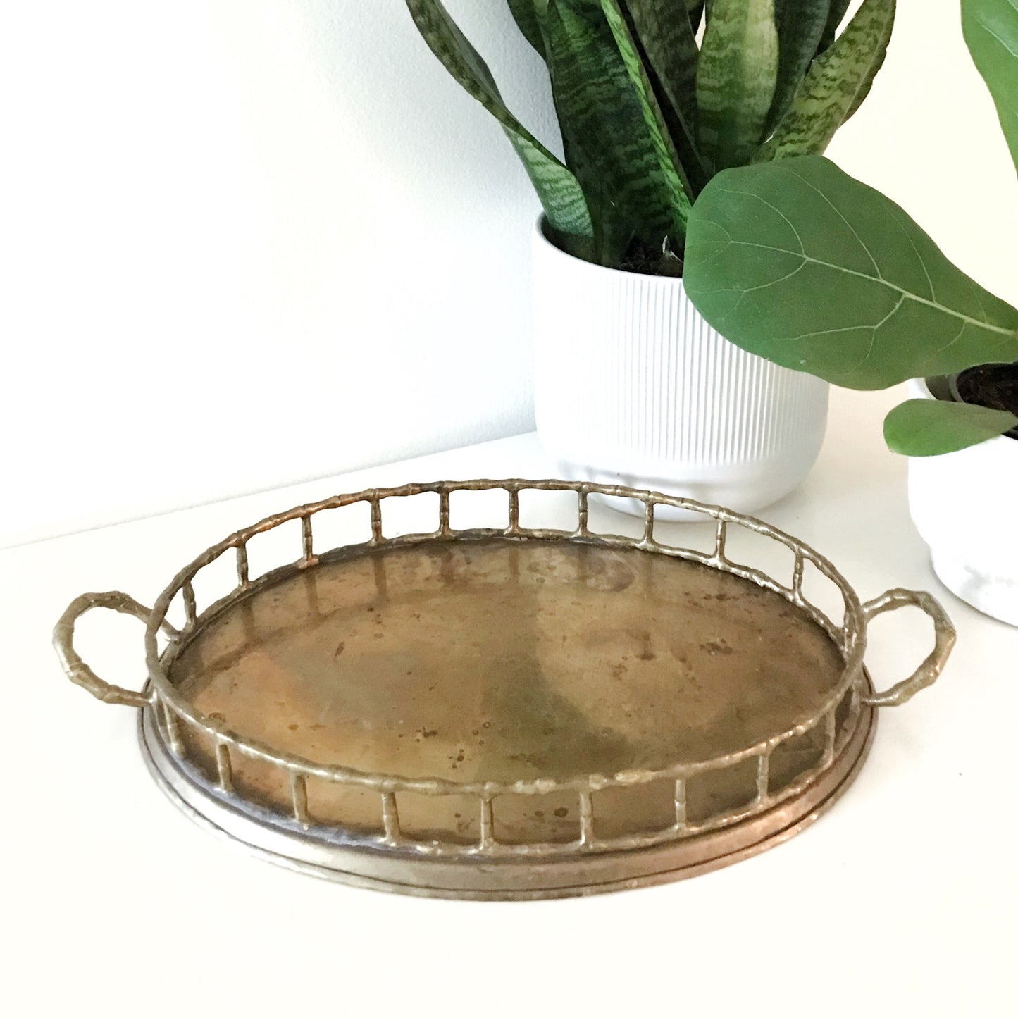 Vintage Oval Brass Tray w/ Rail