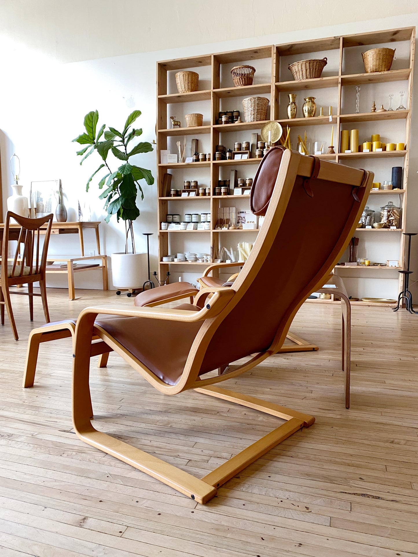 Scandinavian Bentwood Cantilever Leather Lounge Chair + Footrest