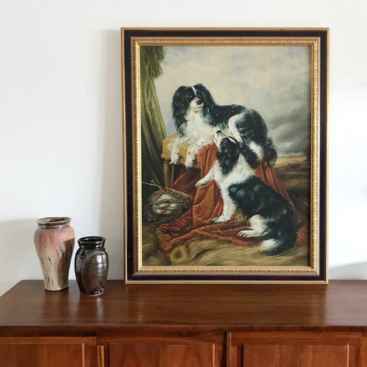 XL Vintage Framed Oil Painting of Spaniels (33.5 x 41.5)