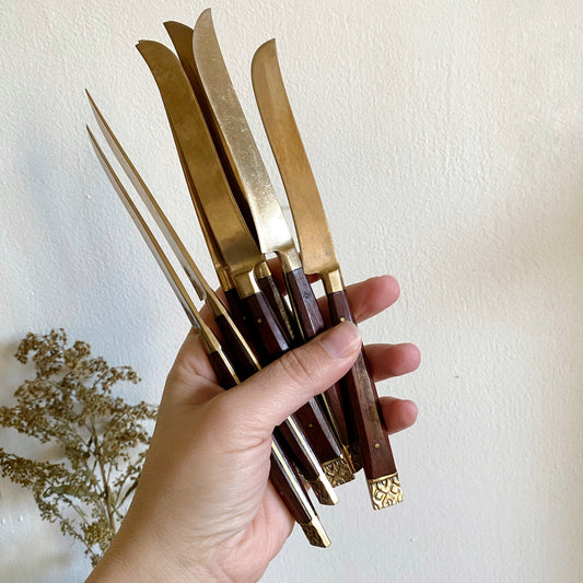 Set of 7 Vintage Brass + Rosewood Knives