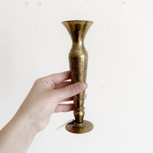 Slender Vintage Etched Brass Vase