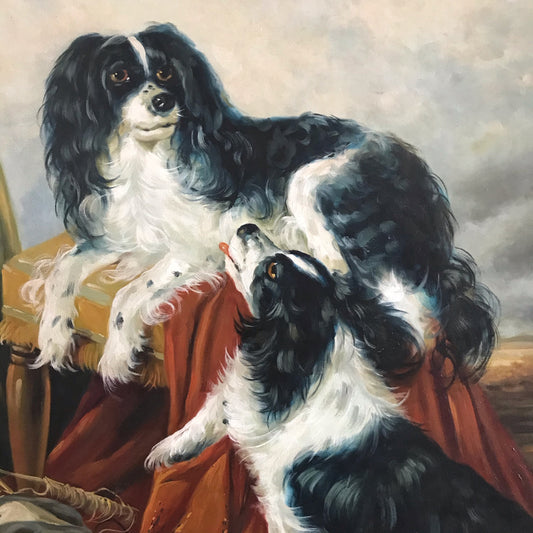XL Vintage Framed Oil Painting of Spaniels (33.5 x 41.5)