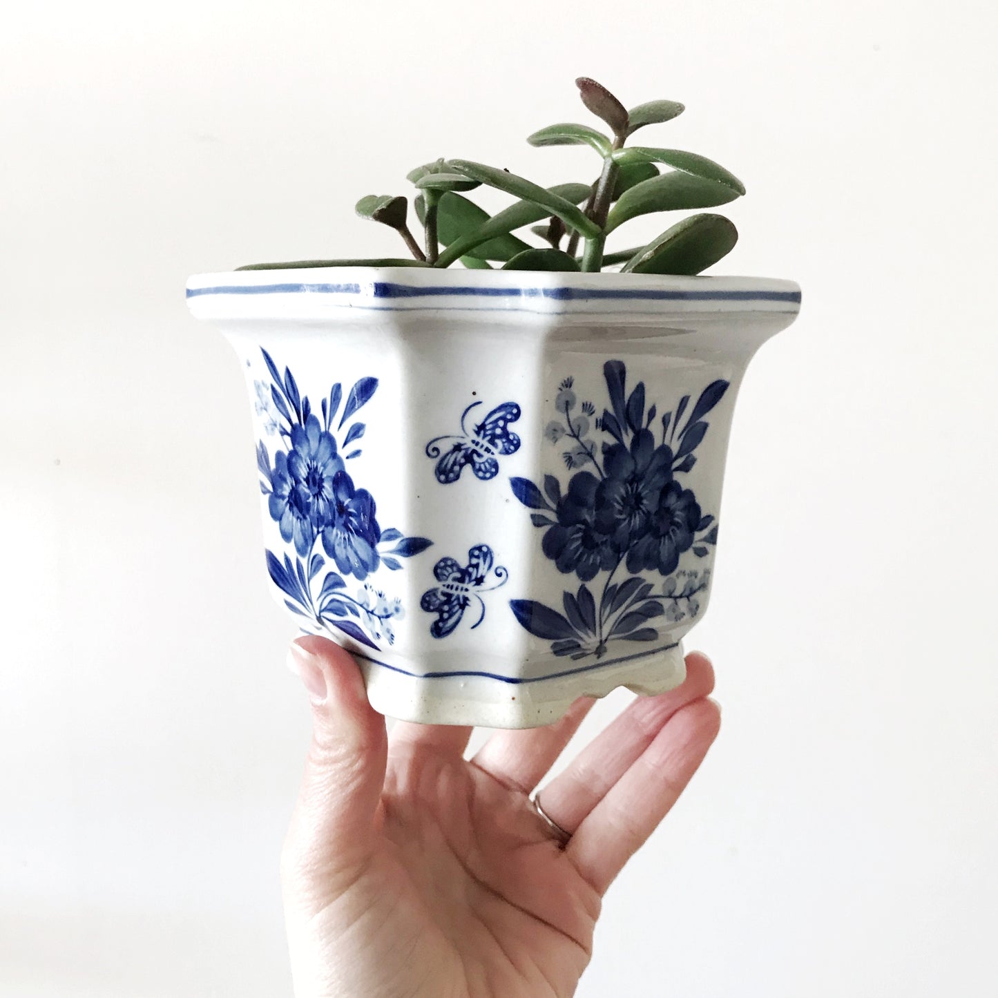 Vintage Ceramic Planter, Blue + White Floral