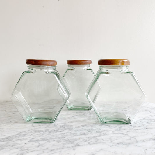 Vintage Glass Hexagon Container with Wood Lid