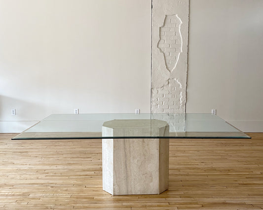 Vintage 7' Travertine Marble + Glass Dining Table