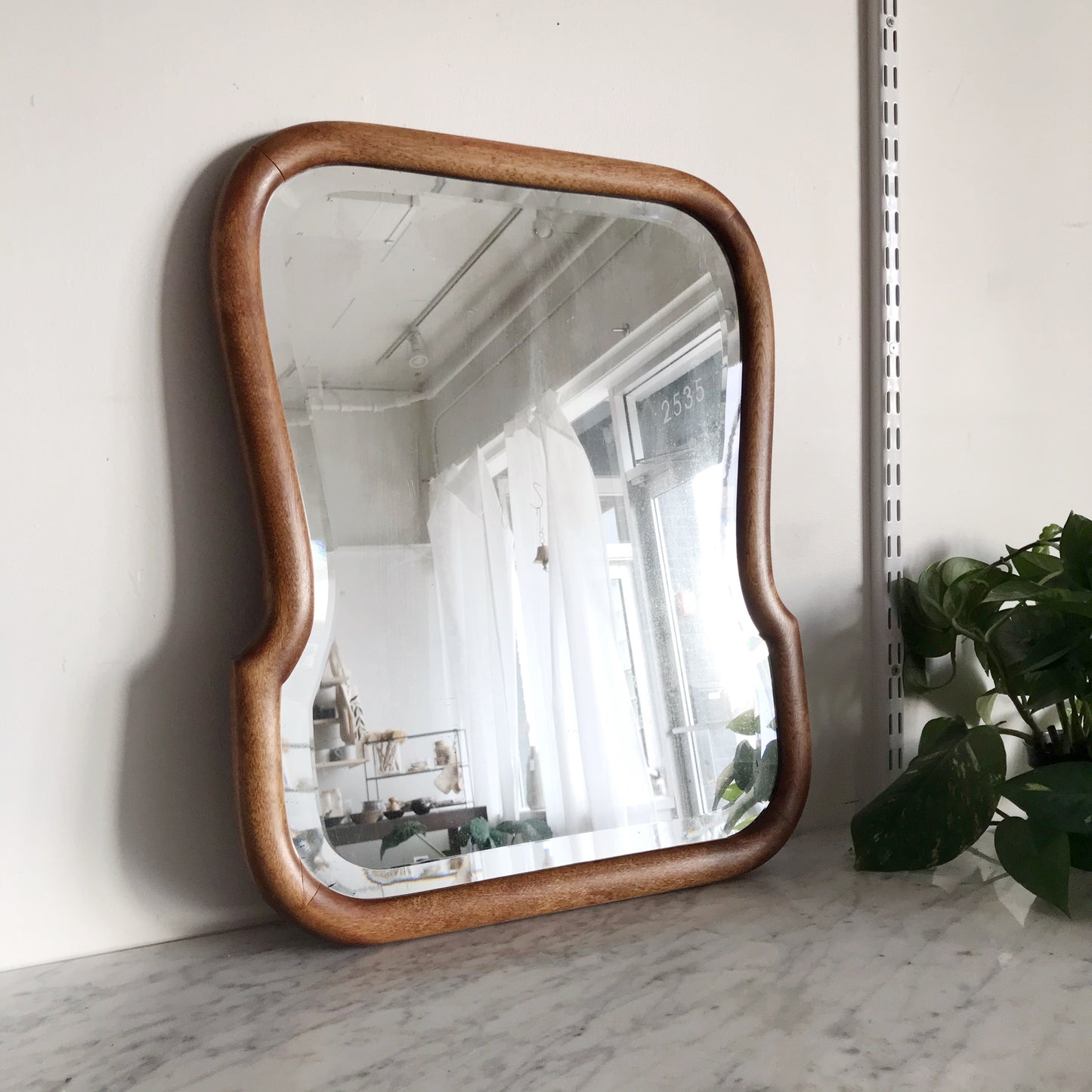 Antique Beveled Mirror with Wood Frame