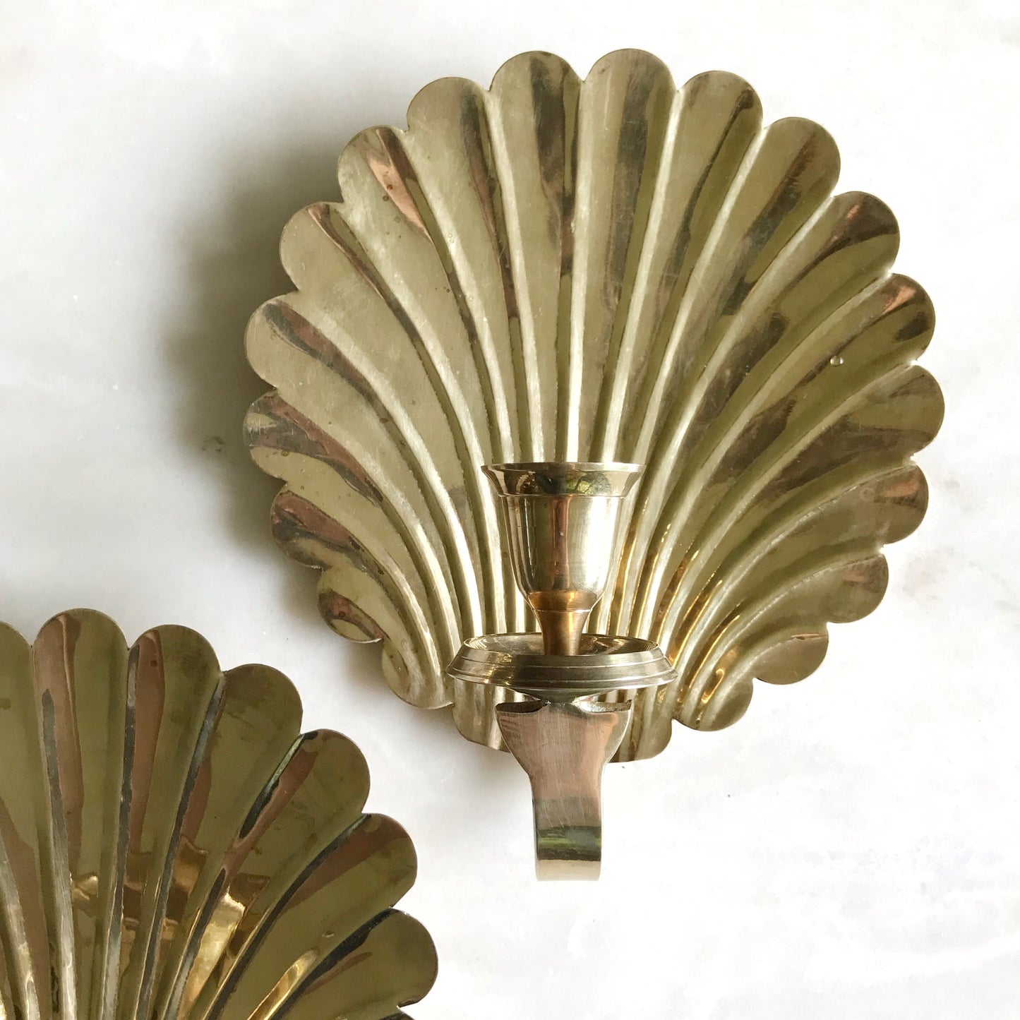 Pair of Vintage Brass Seashell Wall Sconces
