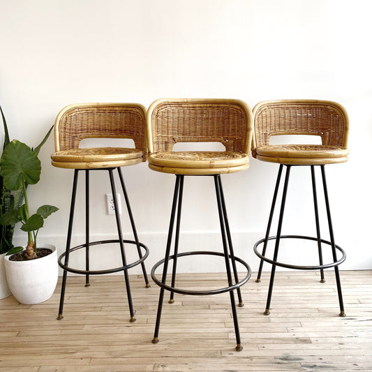 Set of 3 Vintage Mid-Century Wicker Barstools