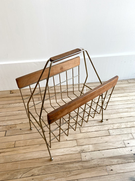 Vintage MCM Wire + Wood Magazine Rack