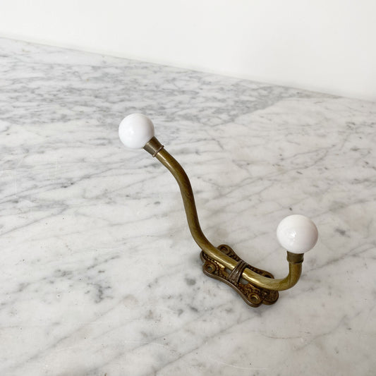 Vintage Brass + Ceramic Double Coat Hook