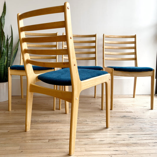 Set of 4 Vintage Dining Chairs with Blue Seats