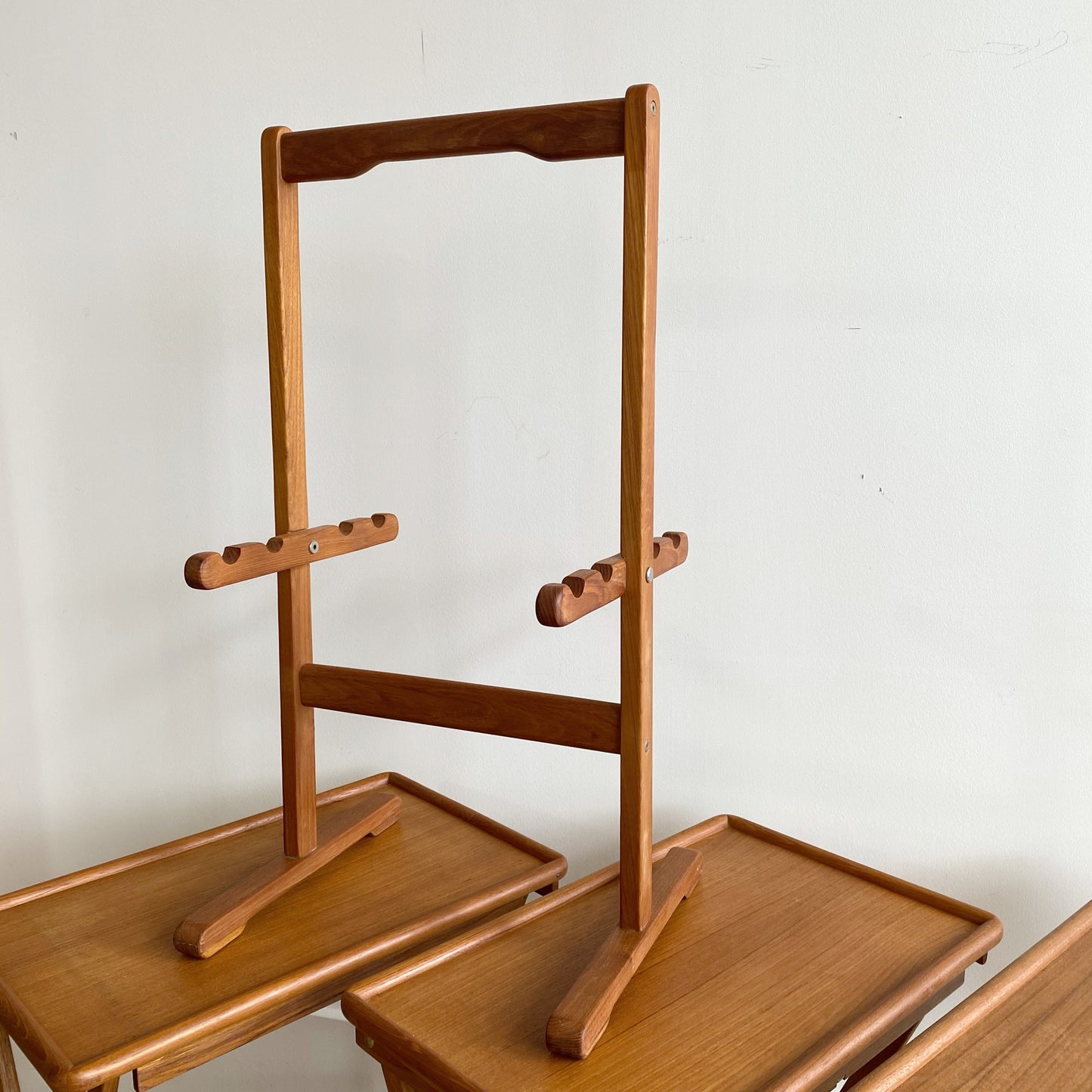 Set of 4 Vintage Teak Folding Trays with Stand