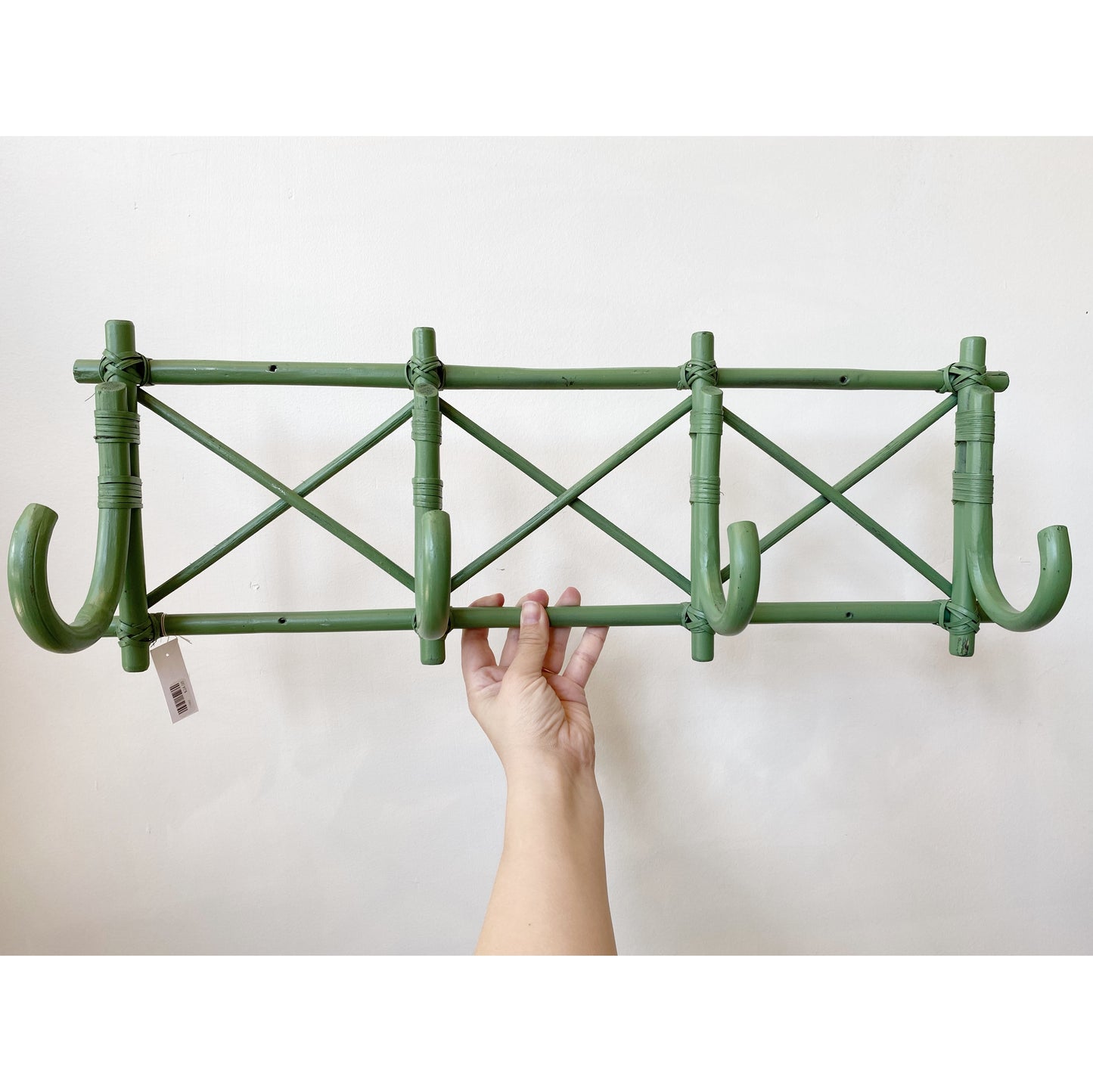 Vintage Green Rattan Coat Rack / Hooks