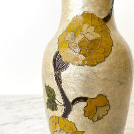 Large Vintage Enameled Brass Flower Vase
