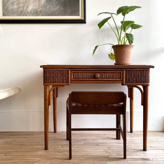 Dark Wicker Desk / Vanity with Glass Top