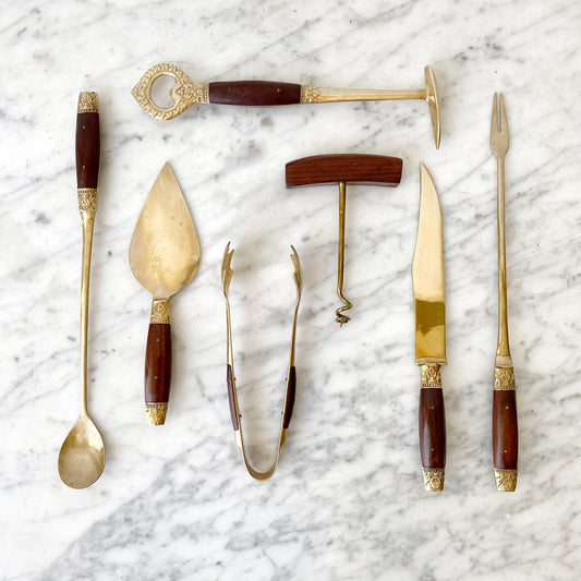Vintage Solid Brass + Rosewood Bar Set, 7-piece