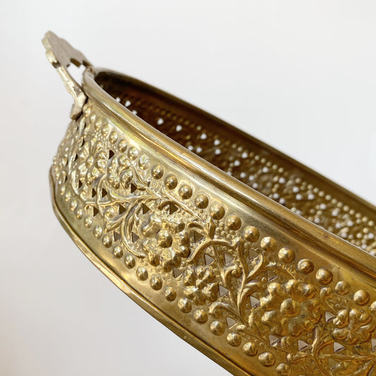 Large Vintage Oval Brass Tray with Floral Rim