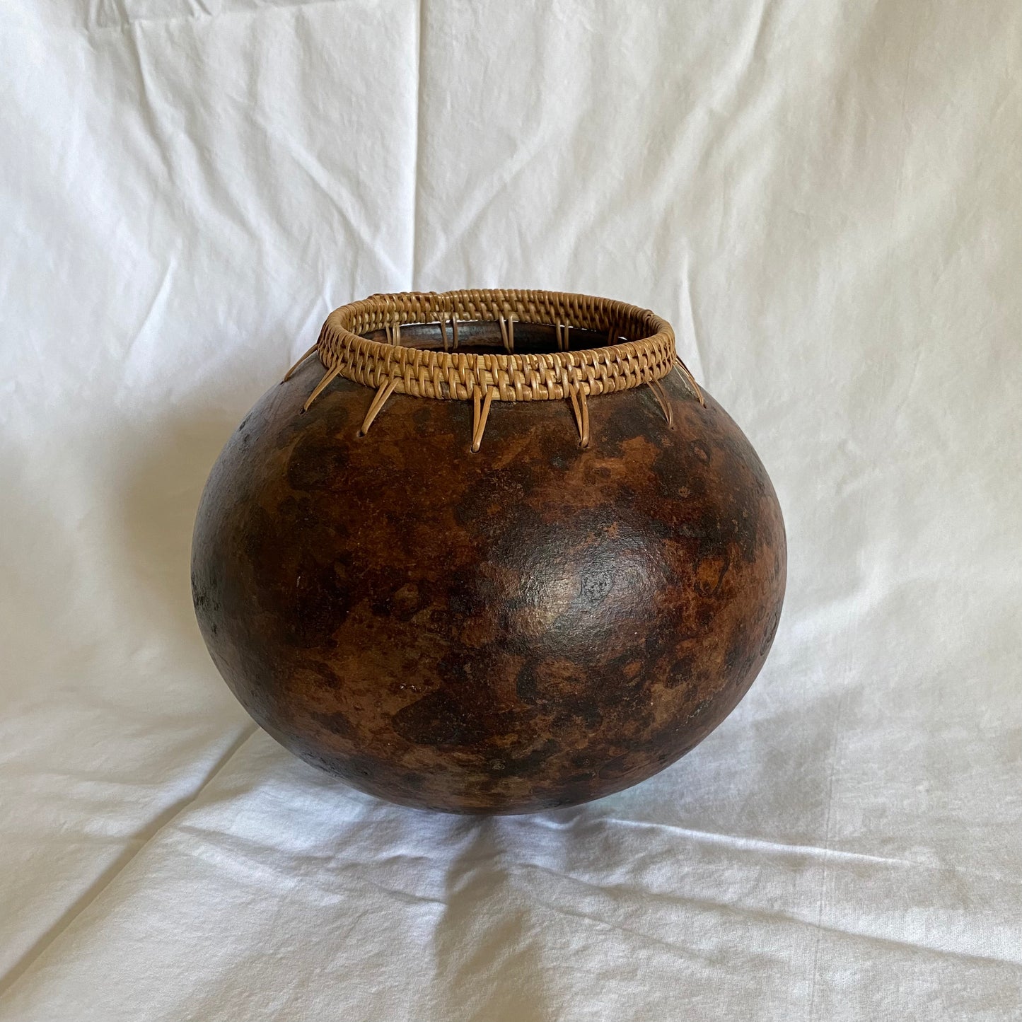 Vintage Clay Vessel with Woven Wicker Rim