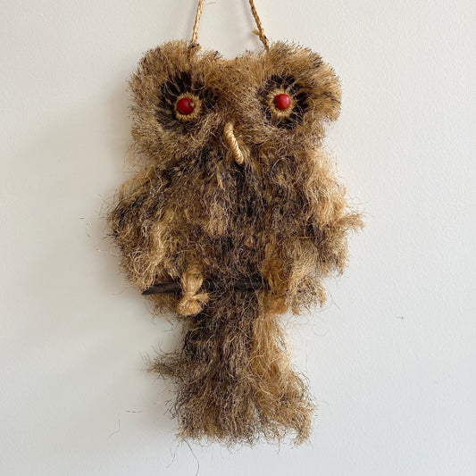 Vintage Natural Macrame Owl, Red Eyes