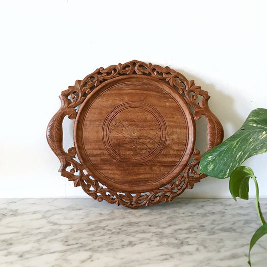Vintage Carved Wood Tray w Bird
