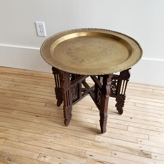 Vintage Carved Wood and Brass Tray Table