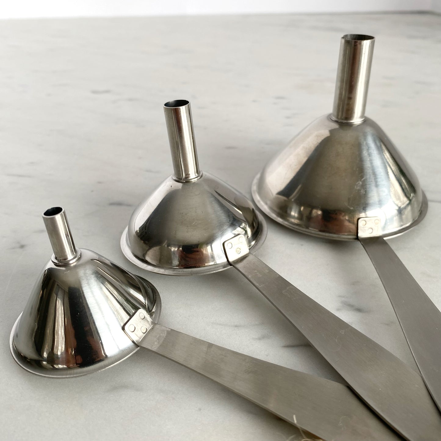Trio of Found Stainless Steel Funnels