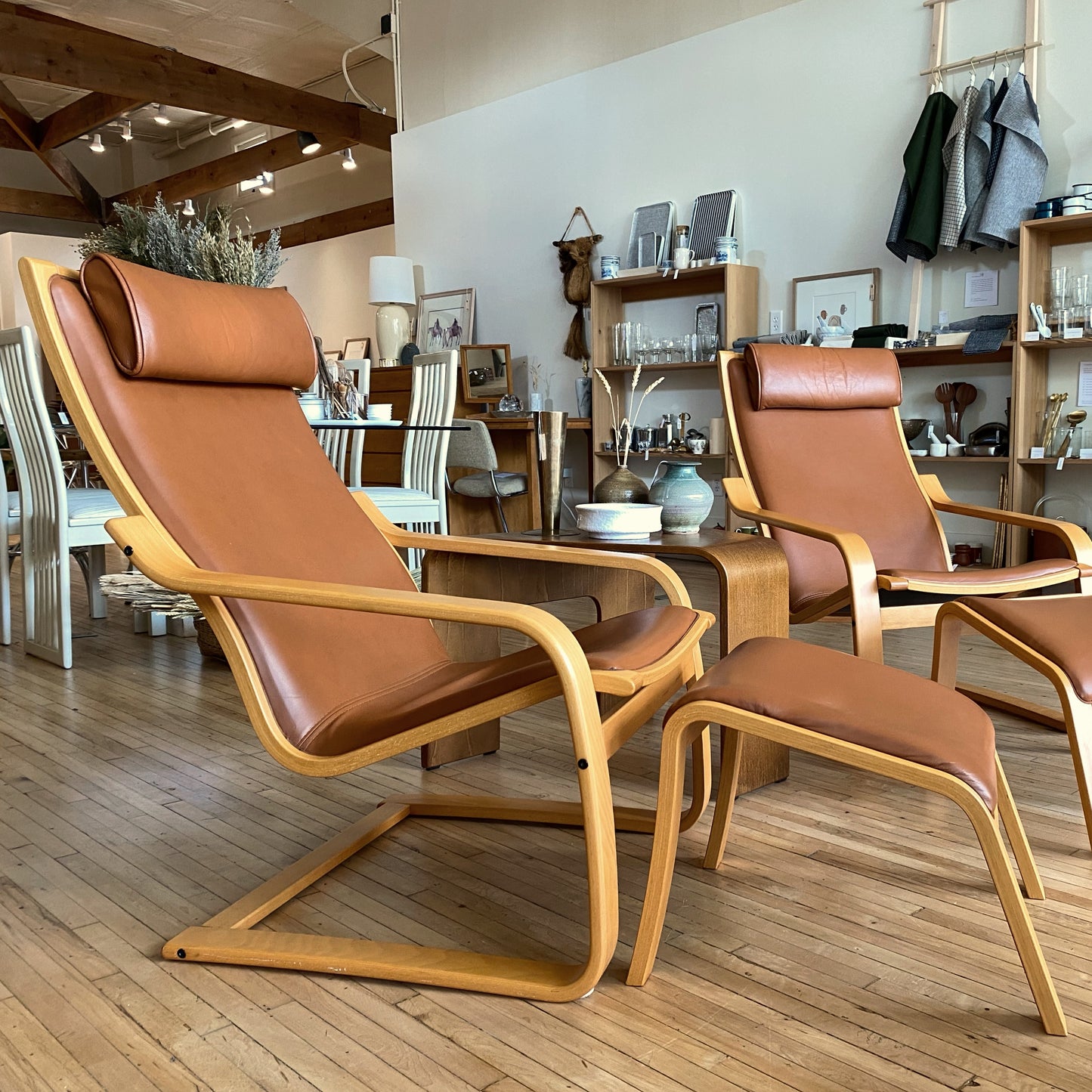 Scandinavian Bentwood Cantilever Leather Lounge Chair + Footrest