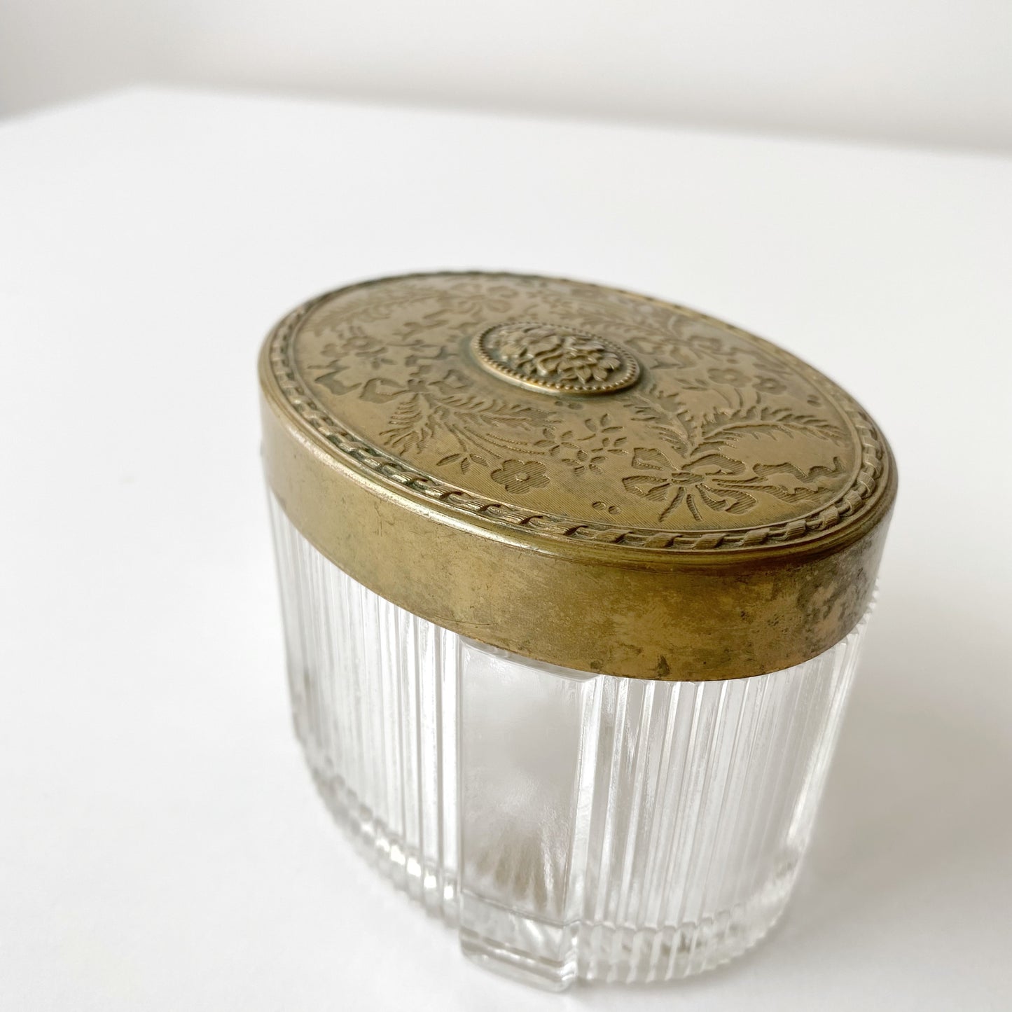 Vintage Victorian Glass Vanity Jar with Brass Lid