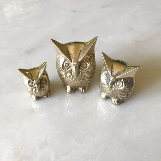 Vintage Brass Owl Family Trio