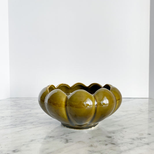 Vintage Ceramic Scalloped Planter in Olive