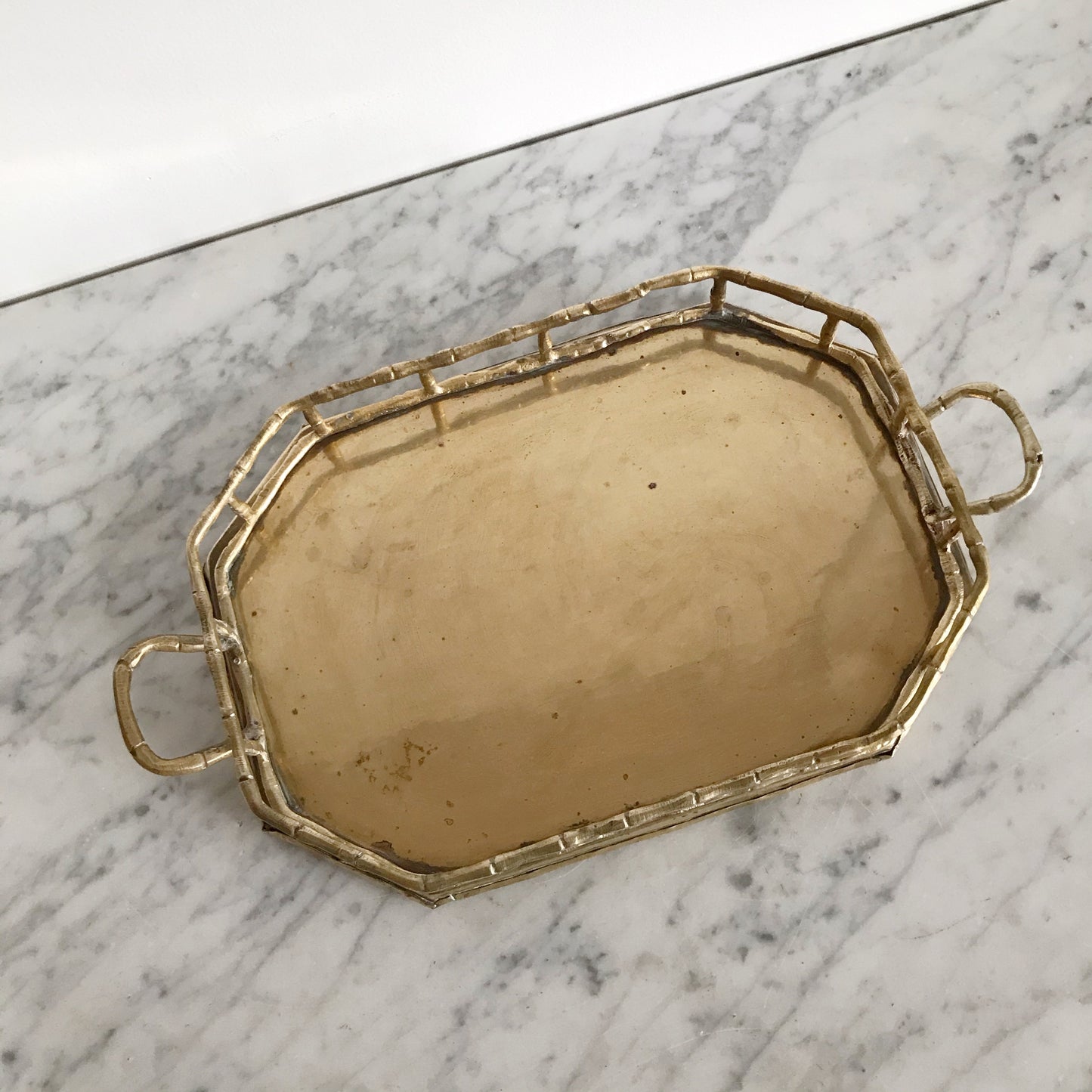 Large Vintage Rectangular Brass Tray with Railing