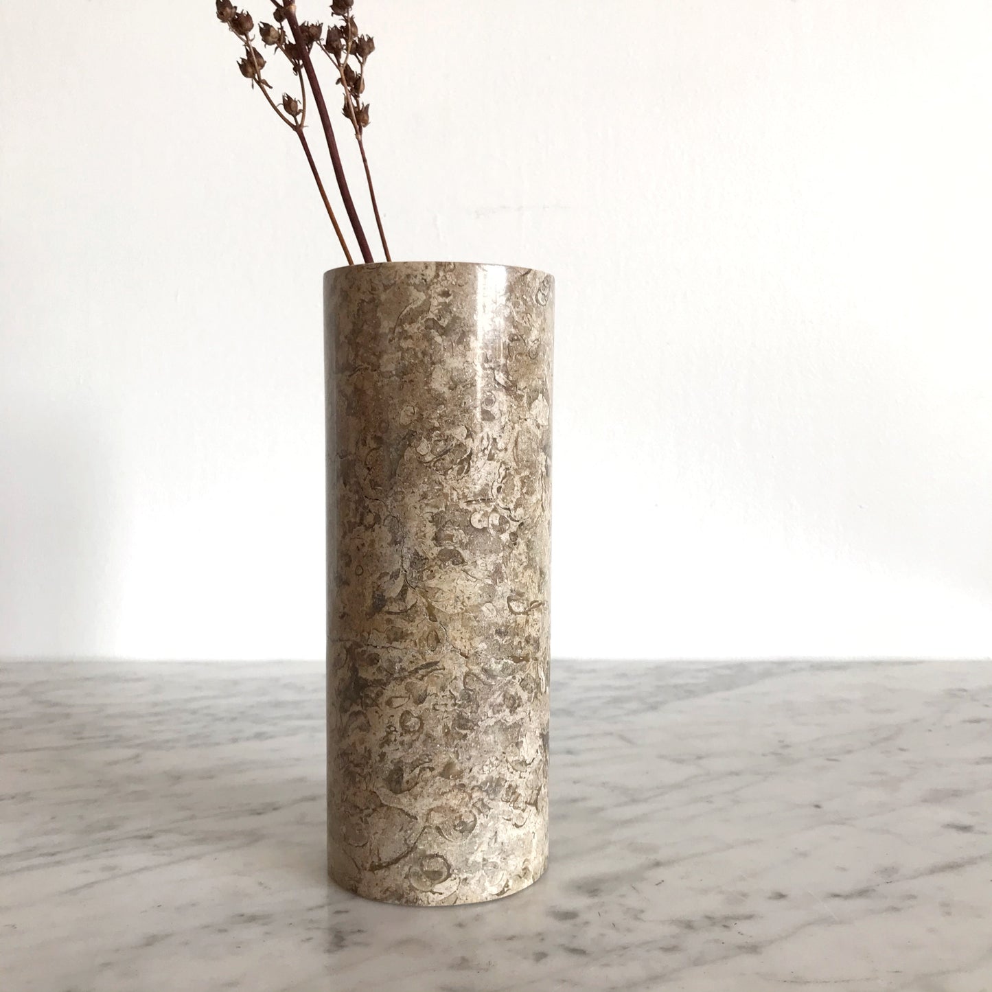 Single XL Polished Fossil Stone Cylinder Vase, 8"