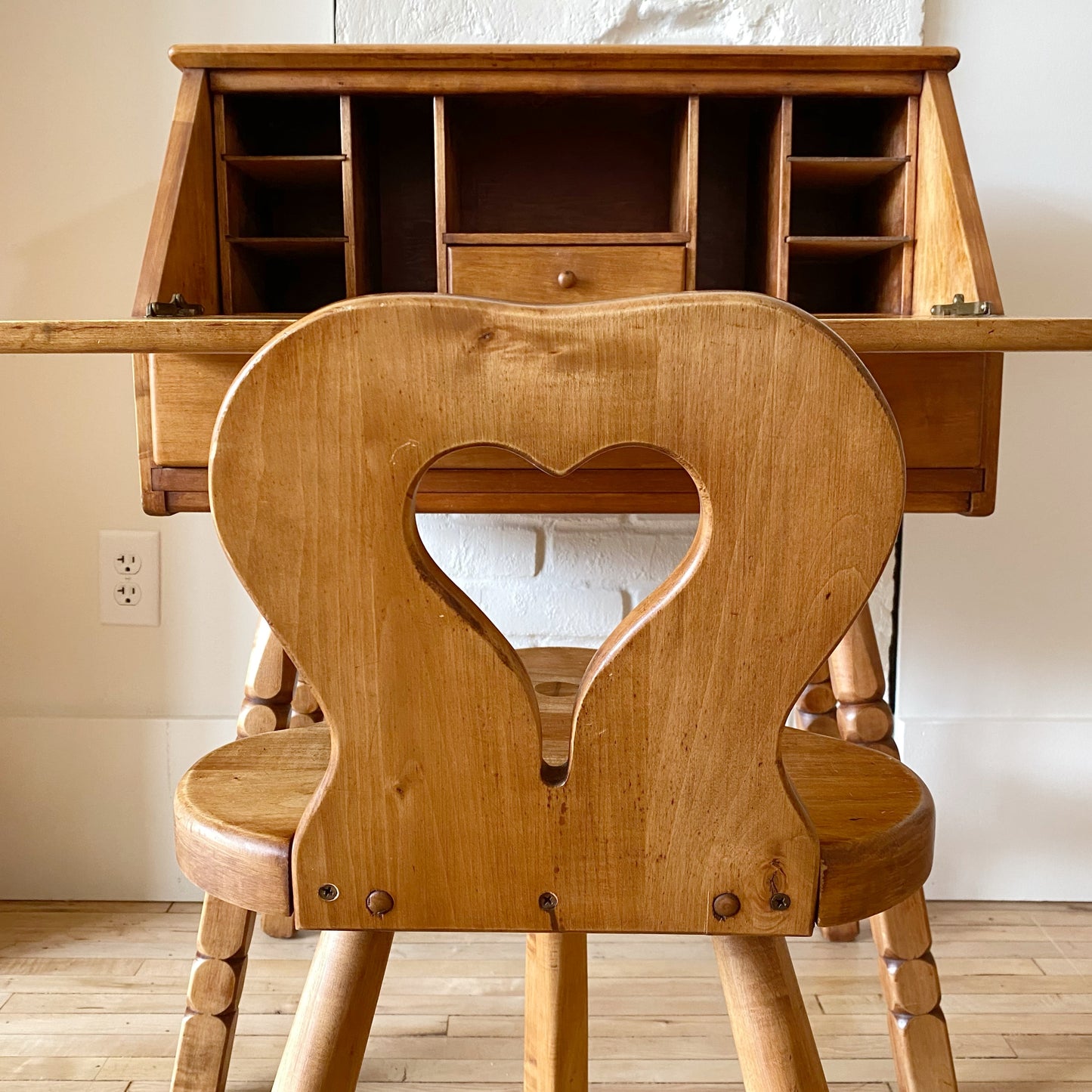 Vintage Folksy Wood Desk + Chair Set