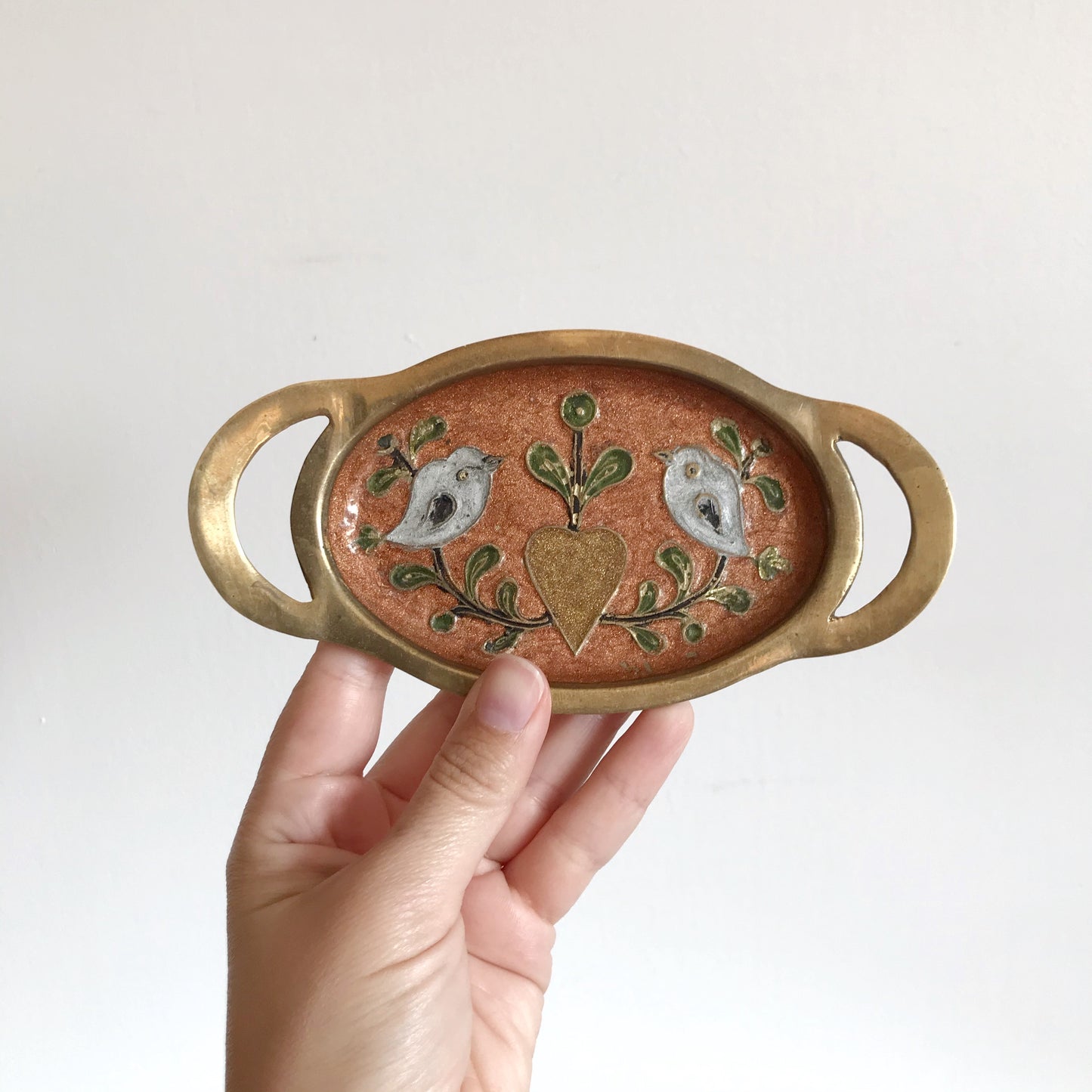 Vintage Enamelled Brass Dish with Birds