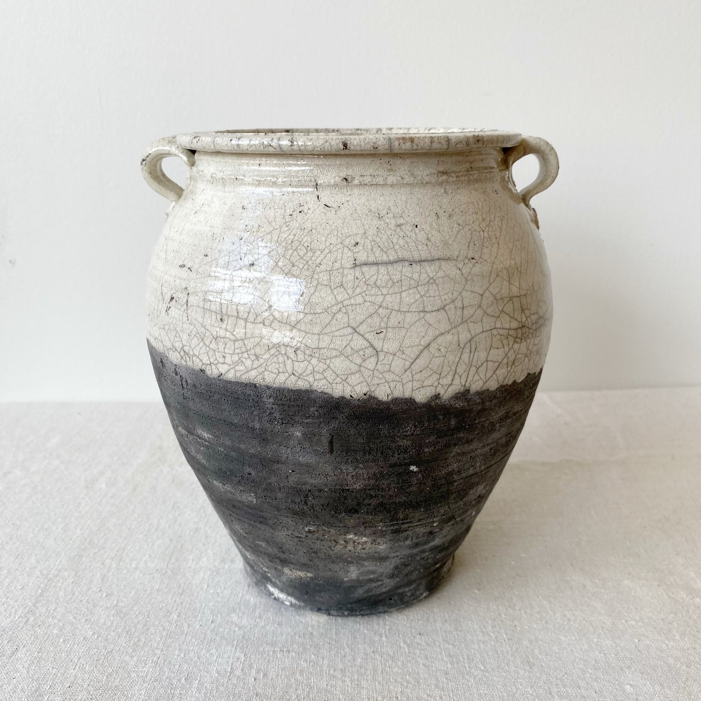 Large Vintage Clay Vase, Charcoal & White